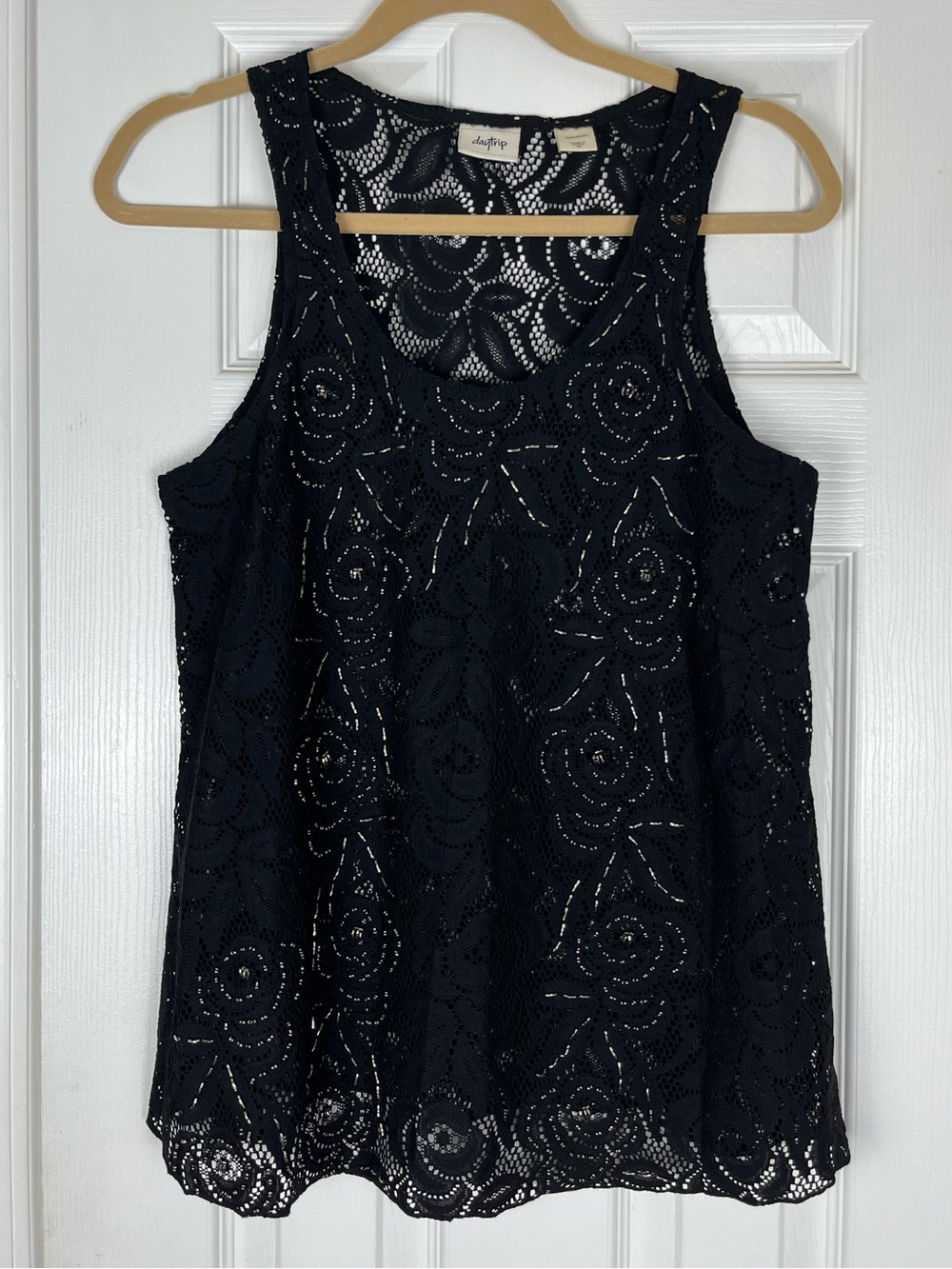 Daytrip Black Floral Lace Beaded Tank Top Sz M Boho Festival